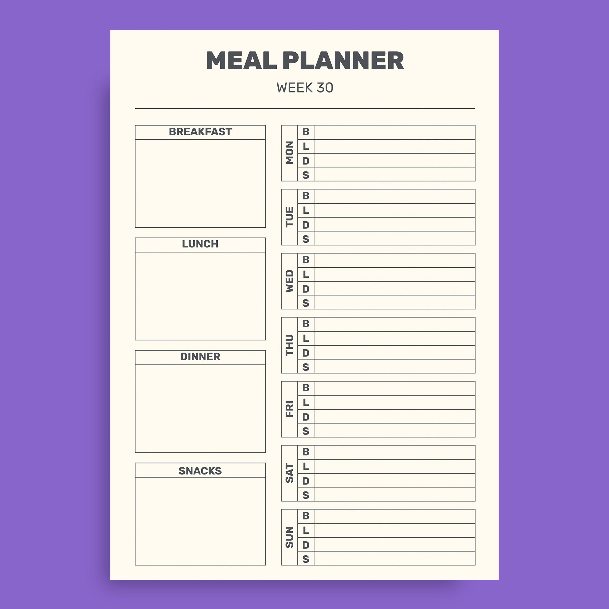 Simple Week 30 Menu Planner
